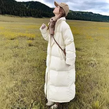 Женская пуховая куртка выше колена длинная большая стеганая хлопковая утепленная одежда женская 2024 зимняя утепленная ветрозащитная хлопковая утепленная одежда длинное пальто S белый