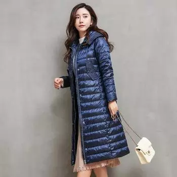 Женская пуховая куртка зимняя одежда новая женская одежда выше колена белая куртка на гусином пуху универсальная средняя и длинная легкая пуховая куртка женская S чёрный