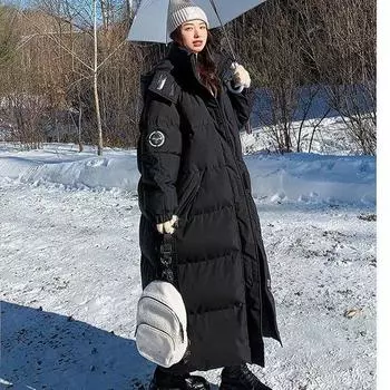 Женская пуховая куртка, зимняя утепленная корейская версия, свободная стеганая куртка выше колена с капюшоном, пальто-карго S