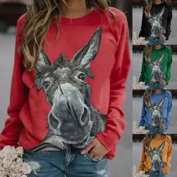 Женская пуловерная блузка с длинным рукавом и принтом осла, свободная толстовка XL синий