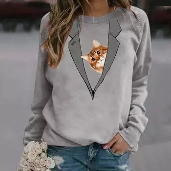 Женская пуловерная футболка с длинным рукавом и круглым вырезом, пуловер с принтом кота, блузка, нижняя рубашка S зелёный