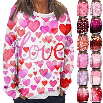Женская пуловерная футболка с длинным рукавом, топ с круглым вырезом и принтом «День святого Валентина» XXXL