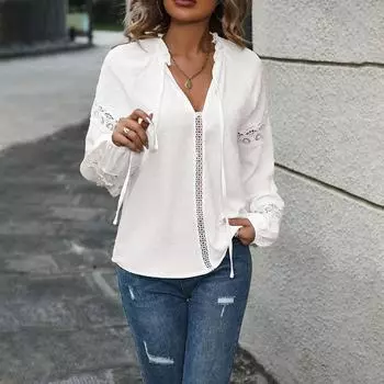 Женская пуловерная футболка с воротником на шнуровке, повседневная свободная блузка с длинными рукавами, топы S белый