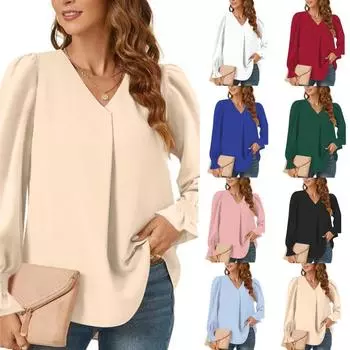 Женская пуловерная рубашка с v-образным вырезом, однотонная свободная рубашка с длинными рукавами и оборками, повседневная мода, элегантная рабочая дышащая легкая мягкая рубашка с длинными рукавами S белый