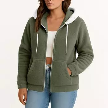 Женская пушистая флисовая куртка с капюшоном, цветной блок, пэчворк, кардиган, верхняя одежда с карманами и кошачьими ушками L армия зеленый