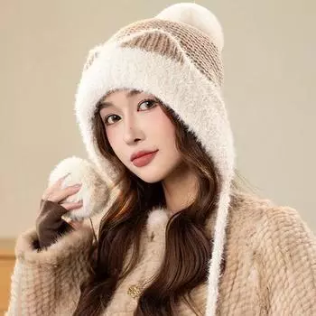Женская пушистая меховая защитная шапка для ушей, плюшевая шапка-ушанка из толстого овечьего флиса, головной убор, чепчик, модная женская зимняя теплая шапка-бини One size чёрный