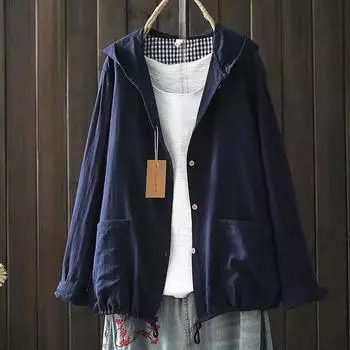 Женская японская корейская тонкая куртка с капюшоном из двухслойной хлопковой пряжи в стиле ретро, большой размер, художественный повседневный кардиган в стиле ретро One Size