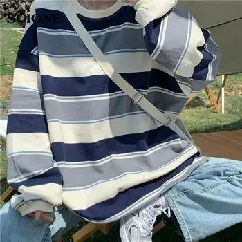 Женская японская рубашка с капюшоном, весенняя полосатая футболка с длинными рукавами, свободный топ, рубашка большого размера с круглым вырезом M