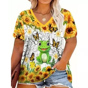 Женская яркая летняя футболка с 3D принтом подсолнуха, бабочки, лягушки, повседневный топ с V-образным вырезом и коротким рукавом, лето S