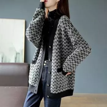 Женская яркая шелковая вязаная куртка-кардиган весна-осень свободная повседневная куртка-свитер с V-образным вырезом толстая вязаная куртка с принтом S чёрный