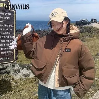 Женская рабочая одежда больших размеров Pie Over Winter Color Collision с капюшоном, утолщенная короткая утолщенная куртка M чёрный