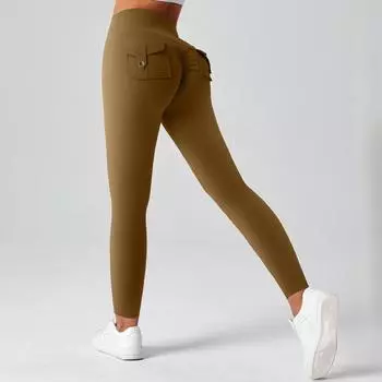 Женская рабочая одежда для поднятия хип-хопа, йоги, высокой талии, карманов, спорта, фитнеса, брюк S коричневый