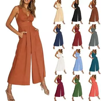 Женская рабочая одежда подтяжки V-образный вырез полый комбинезон повседневный свободный без рукавов рабочая одежда широкий комбинезон костюм с карманами S абрикосовый