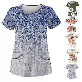 Женская рабочая одежда с цветочным принтом, покатым воротником и двухслойными карманами, базовый топ-пуловер S