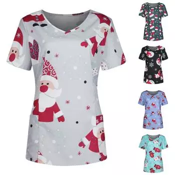 Женская рабочая одежда с короткими рукавами и рождественским принтом с v-образным вырезом и карманной рабочей одеждой L чёрный