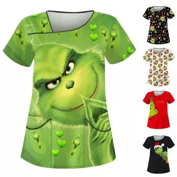 Женская рабочая одежда с косым воротником, двумя карманами и рождественским принтом, базовый топ-пуловер L чёрный