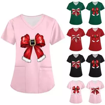 Женская рабочая одежда с принтом, базовые топы с V-образным вырезом и двухслойными карманами. Пуловер XXXXXL