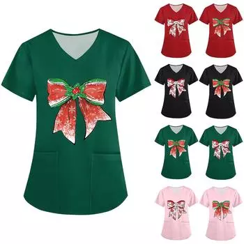 Женская рабочая одежда с принтом, базовые топы с V-образным вырезом и двухслойными карманами. Пуловер XXL зелёный