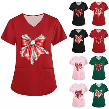 Женская рабочая одежда с принтом, базовые топы с V-образным вырезом и двухслойными карманами. Пуловер S красный