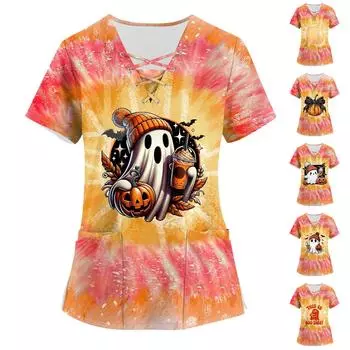 Женская рабочая одежда с принтом, базовые топы с V-образным вырезом и двухслойными карманами. Пуловер L чёрный