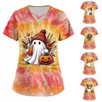 Женская рабочая одежда с принтом, базовые топы с V-образным вырезом и двухслойными карманами. Пуловер XXXXXL