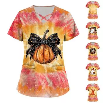 Женская рабочая одежда с принтом, базовые топы с V-образным вырезом и двухслойными карманами. Пуловер L чёрный