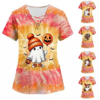 Женская рабочая одежда с принтом, базовые топы с V-образным вырезом и двухслойными карманами. Пуловер XXXXXL оранжевый