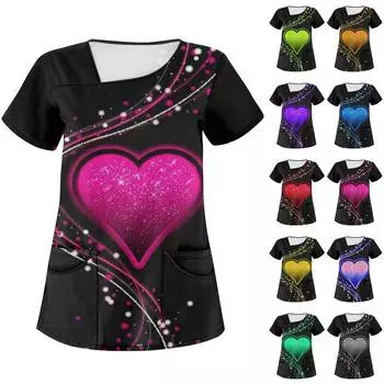 Женская рабочая одежда с принтом ко Дню святого Валентина, косым воротником и двухслойными карманами, базовые топы, пуловер L синий