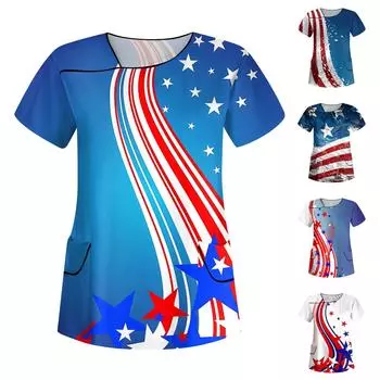 Женская рабочая одежда с принтом ко Дню независимости, скошенный воротник и двухслойные карманы, базовый верхний пуловер L синий