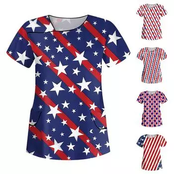 Женская рабочая одежда с принтом ко Дню независимости, скошенный воротник и двухслойные карманы, базовый верхний пуловер L синий