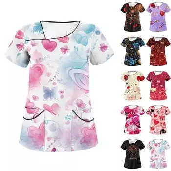 Женская рабочая одежда с принтом, косым воротником и двухслойными карманами, базовые топы, пуловер S