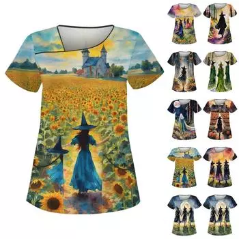 Женская рабочая одежда с принтом на Хэллоуин, косым воротником и двухслойными карманами, базовые топы, пуловер XXXXL фиолетовый