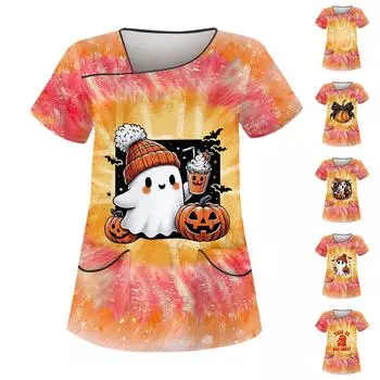 Женская рабочая одежда с принтом на Хэллоуин, косым воротником и двухслойными карманами, базовые топы, пуловер XXXXL жёлтый