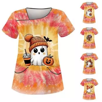 Женская рабочая одежда с принтом на Хэллоуин, косым воротником и двухслойными карманами, базовые топы, пуловер XXXXL