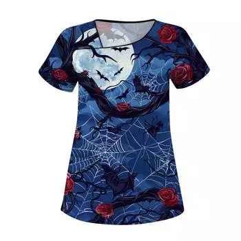 Женская рабочая одежда с принтом, покатый воротник и двухслойные карманы, базовый верхний пуловер L