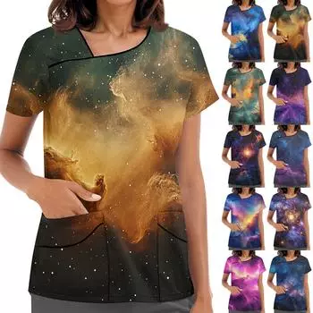 Женская рабочая одежда с принтом, покатый воротник и двухслойные карманы, базовый верхний пуловер L