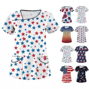 Женская рабочая одежда с принтом, покатый воротник и двухслойные карманы, базовый верхний пуловер XXL тёмно-синий