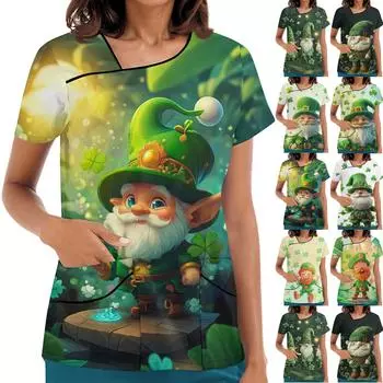 Женская рабочая одежда с принтом, покатый воротник и двухслойные карманы, базовый верхний пуловер L армия зеленый