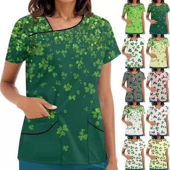 Женская рабочая одежда с принтом, покатый воротник и двухслойные карманы, базовый верхний пуловер L армия зеленый