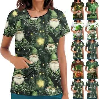 Женская рабочая одежда с принтом, покатый воротник и двухслойные карманы, базовый верхний пуловер L армия зеленый