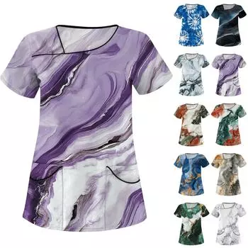 Женская рабочая одежда с принтом, покатый воротник и двухслойные карманы, базовый верхний пуловер XXXXXL синий