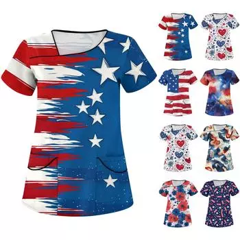 Женская рабочая одежда с принтом, покатый воротник и двухслойные карманы, базовый верхний пуловер S тёмно-синий