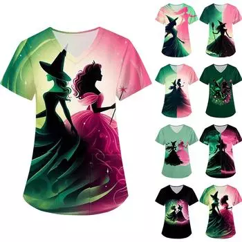 Женская рабочая одежда с принтом, V-образным вырезом, карманом и короткими рукавами L армия зеленый