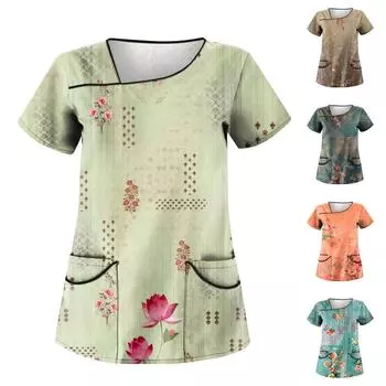 Женская рабочая одежда с принтом в стиле ретро, косым воротником и двухслойными карманами, базовые топы, пуловер XXXL оранжевый