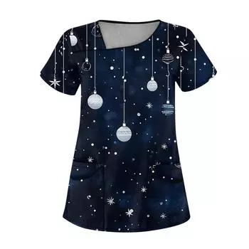 Женская рабочая одежда с рождественским принтом, покатый воротник и двухслойные карманы, базовый пуловер сверху L темно-синий