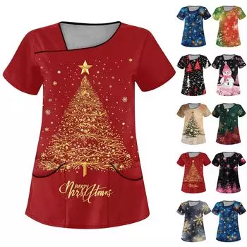 Женская рабочая одежда с рождественским принтом, покатый воротник и двухслойные карманы, базовый пуловер сверху XXXXL