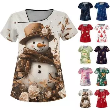 Женская рабочая одежда с рождественским принтом, покатый воротник и двухслойные карманы, базовый пуловер сверху L