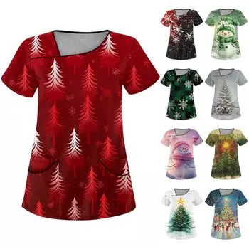 Женская рабочая одежда с рождественским принтом, покатый воротник и двухслойные карманы, базовый пуловер сверху XXL