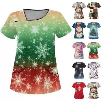 Женская рабочая одежда с рождественским принтом, покатый воротник и двухслойные карманы, базовый пуловер сверху L