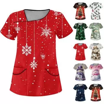 Женская рабочая одежда с рождественским принтом, покатый воротник и двухслойные карманы, базовый пуловер сверху L розовый